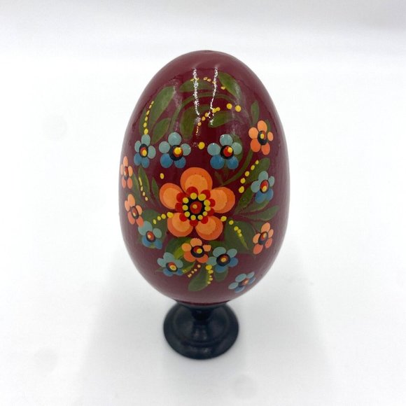 Vintage Hand Painted Red Floral Wooden Egg 4" Tall with Stand, Decorative - Picture 1 of 8
